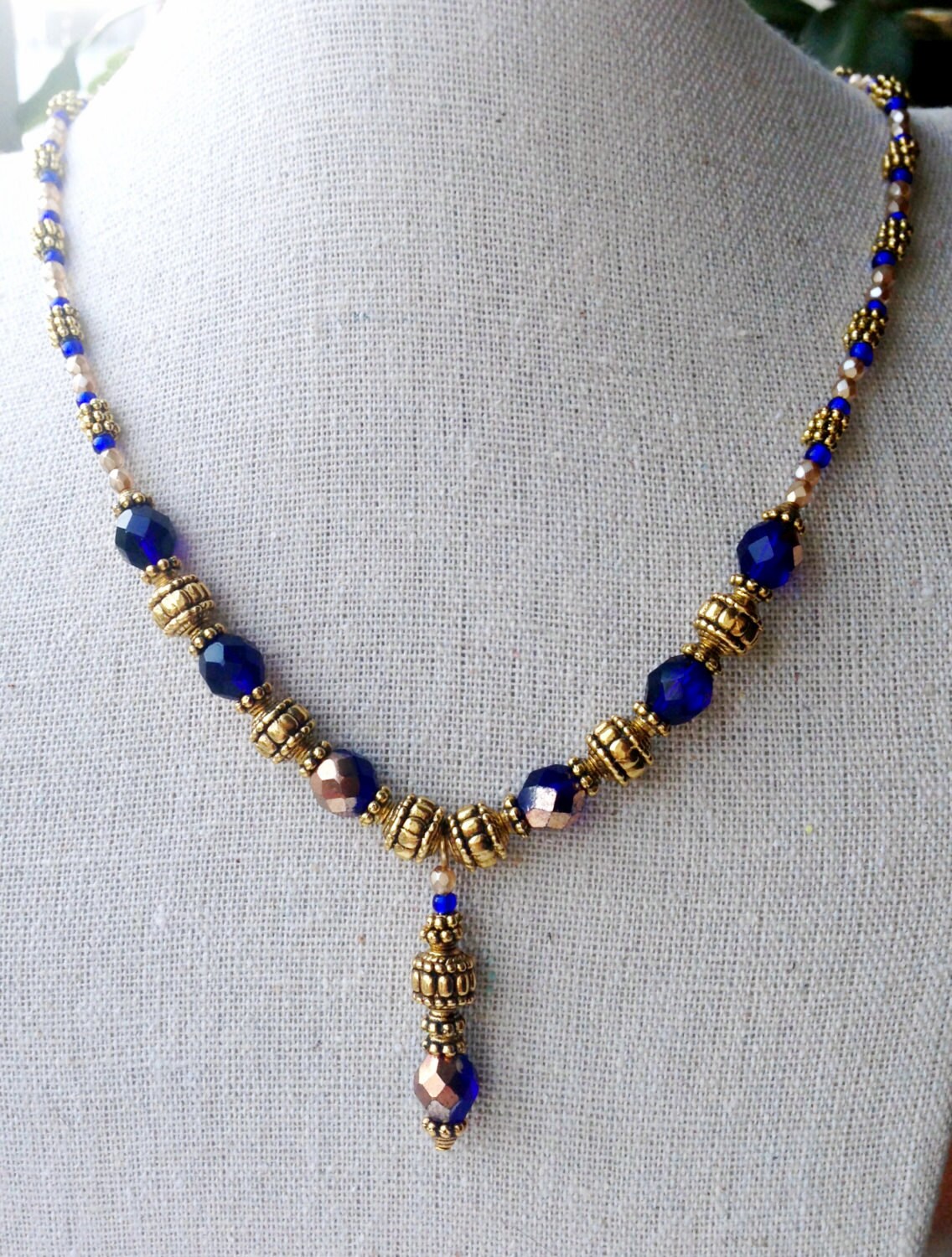 Beaded necklace in cobalt blue and antique gold 17.5 Etsy