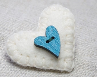 Felt Heart Brooch Pin, White Wool with Green Heart Button
