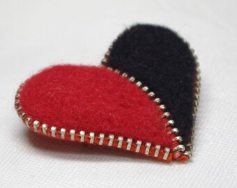 Felted Heart Pin, Red and Black Zipper Brooch