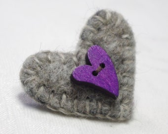Heart shape brooch pin, Unique gray and purple heart felt brooch Pin, gray felt heart brooch, gray felt heart pin, Felted wool brooch