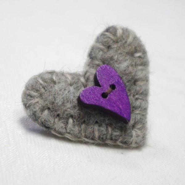 Heart shape brooch pin, Unique gray and purple heart felt brooch Pin, gray felt heart brooch, gray felt heart pin, Felted wool brooch