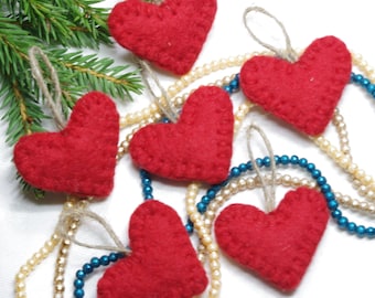 Felted Valentine's Day ornaments, ornaments for a tree, Valentine's Day hearts, felted heart ornaments, red wool heart ornaments
