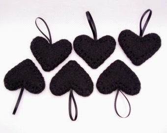 Black rustic felt heart ornaments, Gothic Christmas ornaments black, Black Valentines Day ornaments, Valentine day decoration