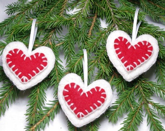 Traditional felted Christmas ornaments, felted heart ornaments, wool heart ornaments, hanging Valentines Day heart ornament