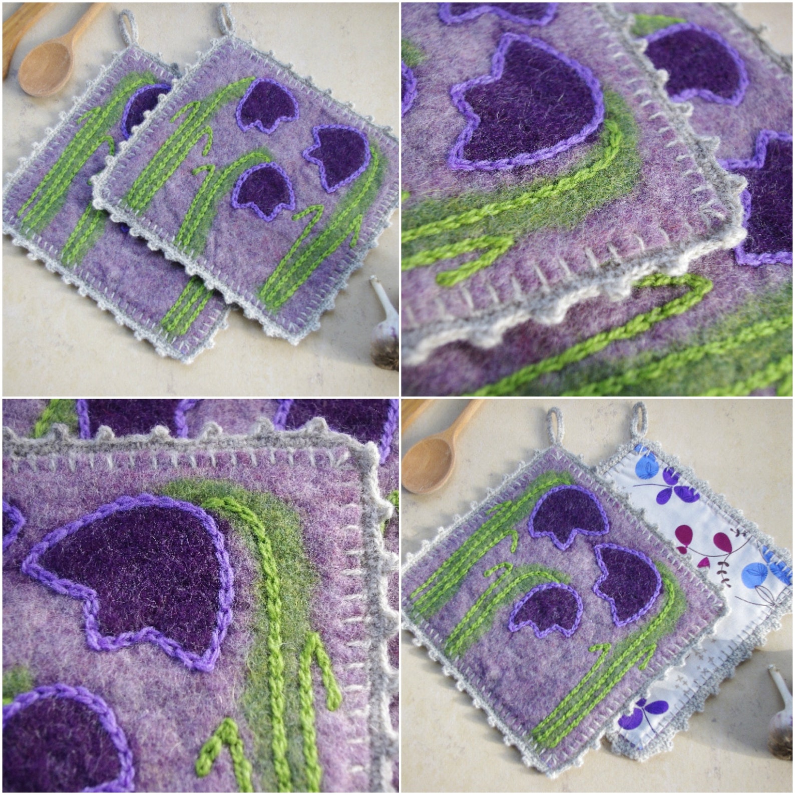 Felted Purple Pot Holders With Dark Lilac Flowers Felted Hot Etsy