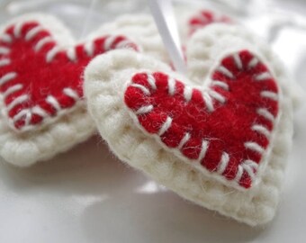 Hanging Valentines Day ornaments, Valentines Day hearts, Christmas ornaments,  Felt heart ornament, hanging wool heart ornament