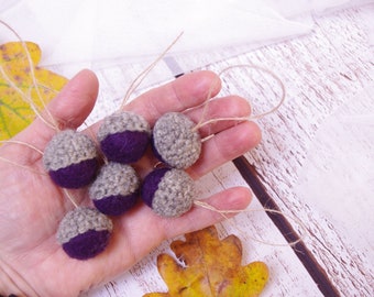 Hanging Acorn Ornament, Set of 6 felted acorn ornament, wool felt fall ornament, lilac hanging  acorn ornament, hygge fall home decor