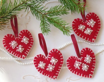 Valentines Day heart ornaments, Valentines Day hearts, decorated heart ornaments, Red felt heart ornaments, Red wool Heart ornaments