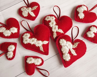 Luxurious felted heart ornaments, stuffed Christmas tree ornaments, Decorated hearts, Ornaments for a tree, Valentine&#39;s day decor