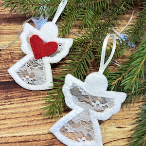 Filcowa ozdoba świąteczna w kształcie anioła: biała koronkowa dekoracja