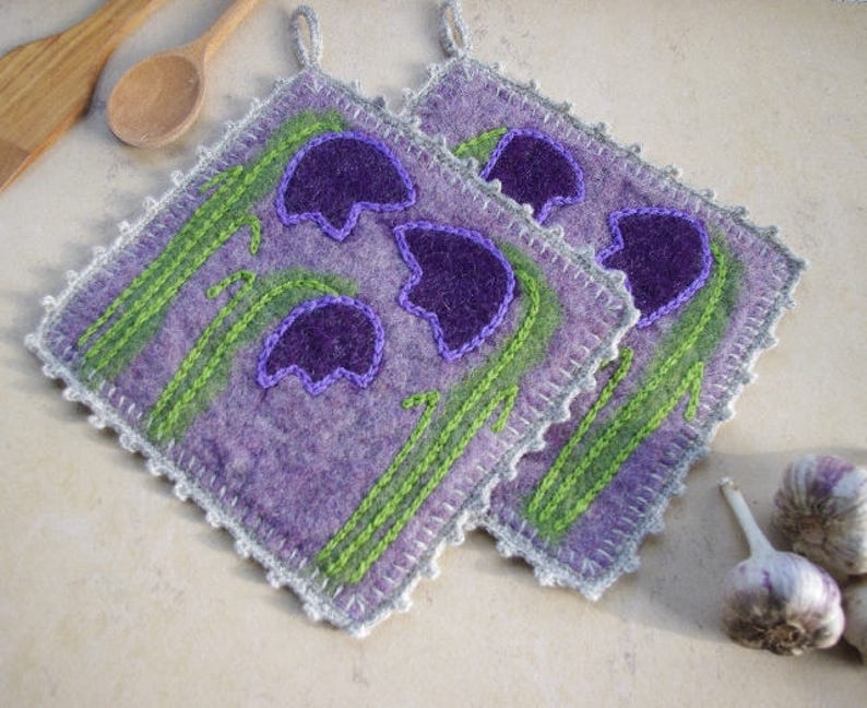 Felted Purple Pot Holders With Dark Lilac Flowers, Felted Hot Pads for