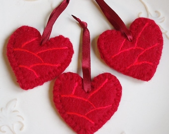 Felted Valentine's Day ornaments, Rustic Farmhouse Decor, Set of 3