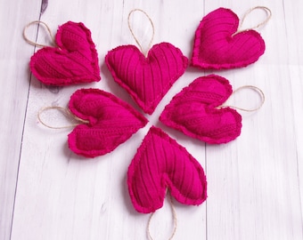 Stuffed Valentine's Day heart ornaments, Upcycled Sweater Heart Ornaments, Rustic Valentine's Day Decor