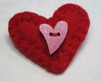 Felt Heart Brooch Pin, Red Wool with Pink Button
