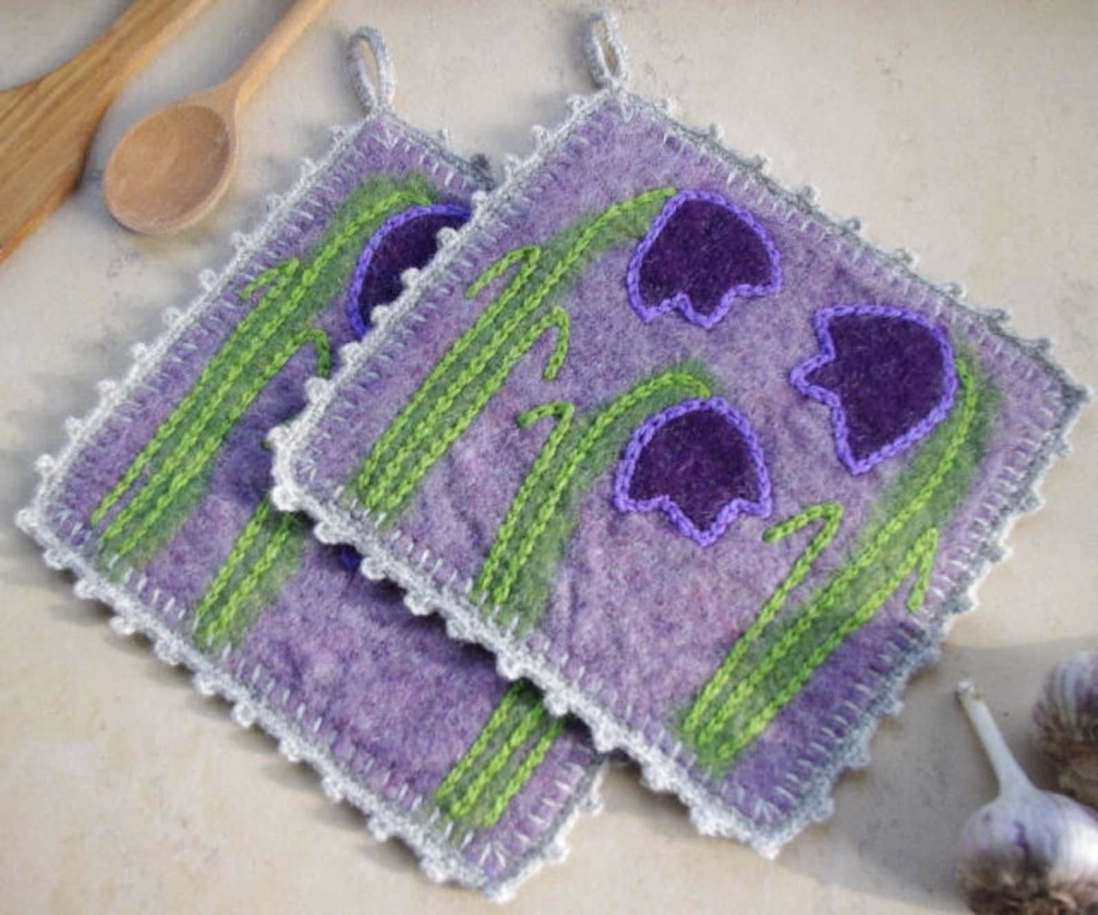 Felted Purple Pot Holders With Dark Lilac Flowers Felted Hot Etsy