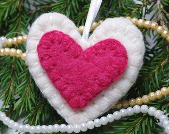 Felted heart ornaments, Valentines Day ornaments, wool heart ornaments, traditional rustic felt hanging heart ornaments