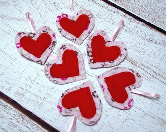 Cotton fabric Heart ornaments, Valentines Day decorations, hanging heart ornaments, textile Heart ornament, Christmas tree decoration