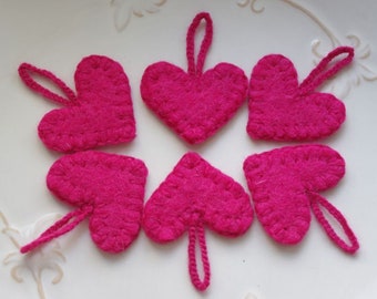 Pink felted heart ornaments, Valentines Day heart ornaments, hanging hearts for Valentines Day tree, rustic felt heart ornaments