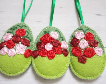 Felt Easter decorations set, Felt Easter eggs, Easter ornaments, Eggs with roses, Spring decorations