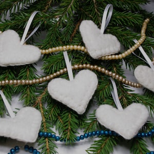 White wool ornaments, Felted heart ornament, Christmas ornaments for a tree, Valentines Day ornament, rustic felt ornaments, primitive heart