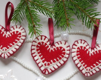 Traditional rustic felt heart ornaments, Valentines day ornaments for a tree