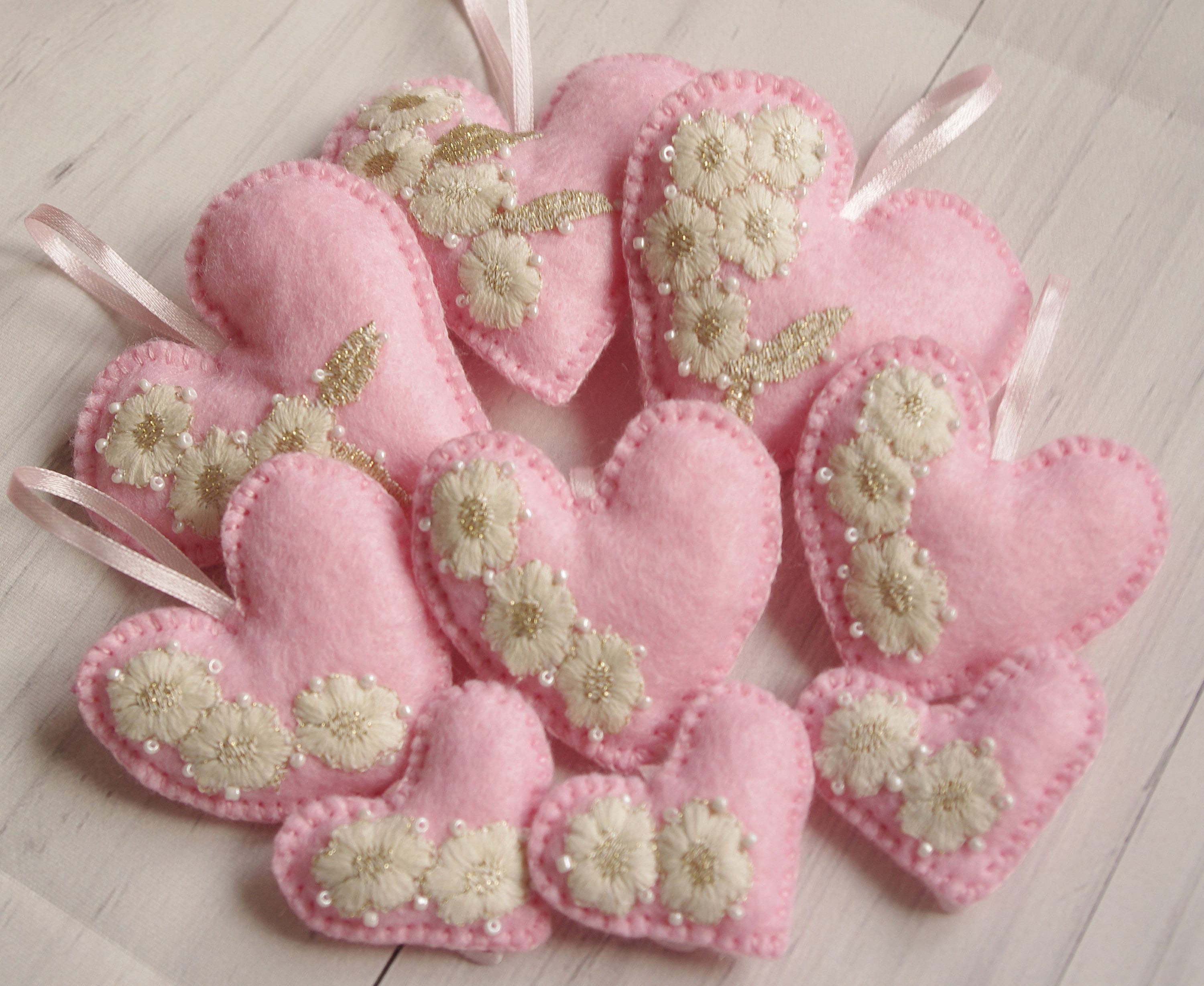 Luxurious felted heart ornaments, Christmas ornaments, Decorated Valentines Day ornaments, stuffed pink heart ornament, Valentines Day heart