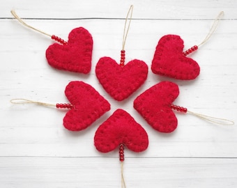 Cute felted red hearts, Christmas tree ornaments, Valentines Day ornaments, Valentines Day hearts, Small felt Heart ornament with red pearls