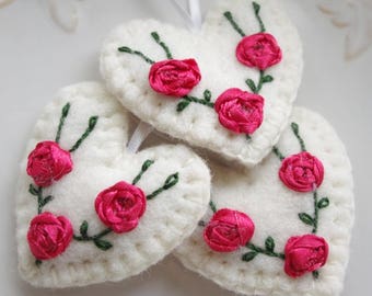 Felted heart ornaments, Valentines Day ornaments, Valentines tree decor, Wool Heart ornament, decorated felted hearts