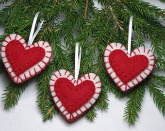 Primitive felted heart ornaments, Traditional felted ornaments, wool heart, Valentines Day ornaments, Valentines Day hearts, rustic hearts