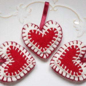 Traditional rustic felt heart ornaments, Christmas ornaments, Valentines day ornaments for a tree, hanging heart ornaemnts