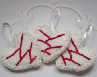 Felt Valentines Day ornament, Valentines Day hearts, Felt white heart ornaments with red stripes,  traditional rustic felt decoration