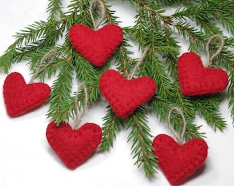 Primitive felted heart ornaments, rustic felt Christmas ornaments,  Valentines Day hearts, Little farmhouse  decor, hanging cottagecore,