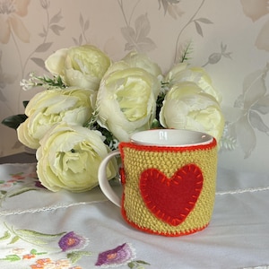 Knit wool cup cozy for Valentine&#39;s Day, Valentine&#39;s Day gift, knit cup warmer, mug hug with heart, hygge gift for friend