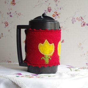 French press cozy with yellow tulips, French Press Coffee Pot Warmer, felted french press cover with tulips, spring kitchen decor