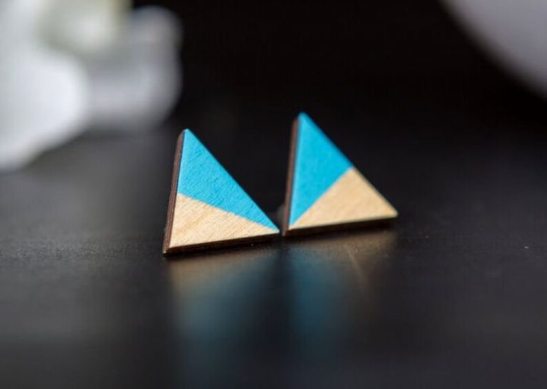 Geometric earrings wooden triangle turquoise Blue