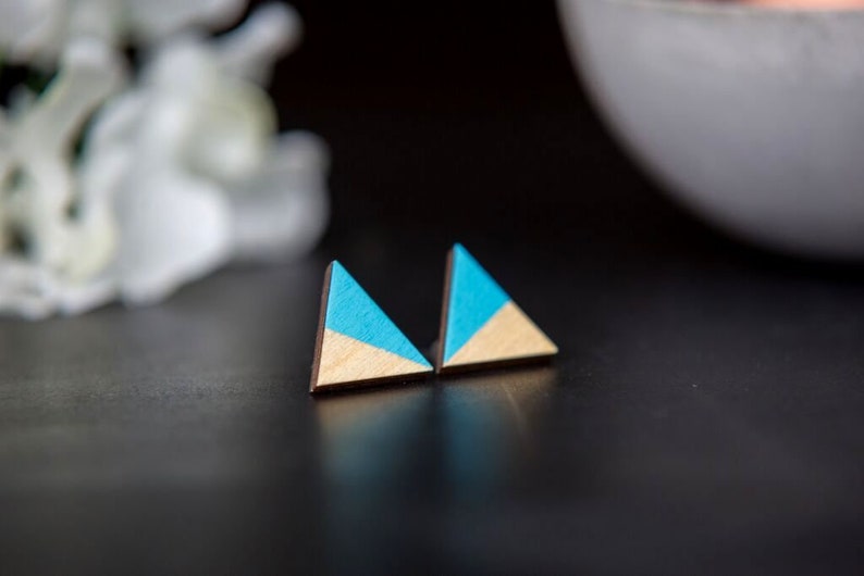 Geometric earrings wooden triangle turquoise Blue