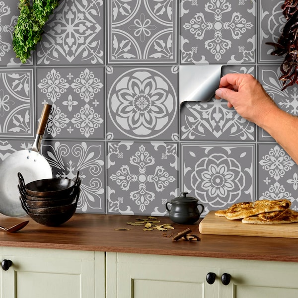 Victorian Mosaic Tile Stickers, Grey Kitchen Decals (4/6 Inch)