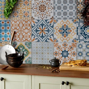 May include: A kitchen backsplash featuring a colourful mosaic tile pattern in shades of blue, green, yellow, and orange. The tiles feature intricate geometric designs.