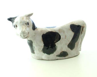 Black & White Stoneware Cow Ornament - Cow Sculpture - Clay Animals - Farm Animals