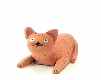 Stoneware Ginger Cat Ornament - Cat Sculpture - Clay Animal - Pottery Cat