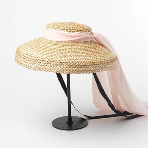 Retro plain top chiffon ribbon with wavy weave straw hat catwalk style sun hat image 2