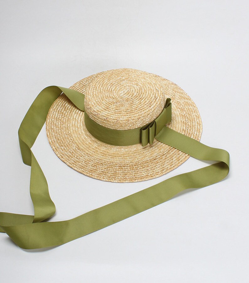 Straw Hat Flat Top European and American Style Green Bow Tie Etsy