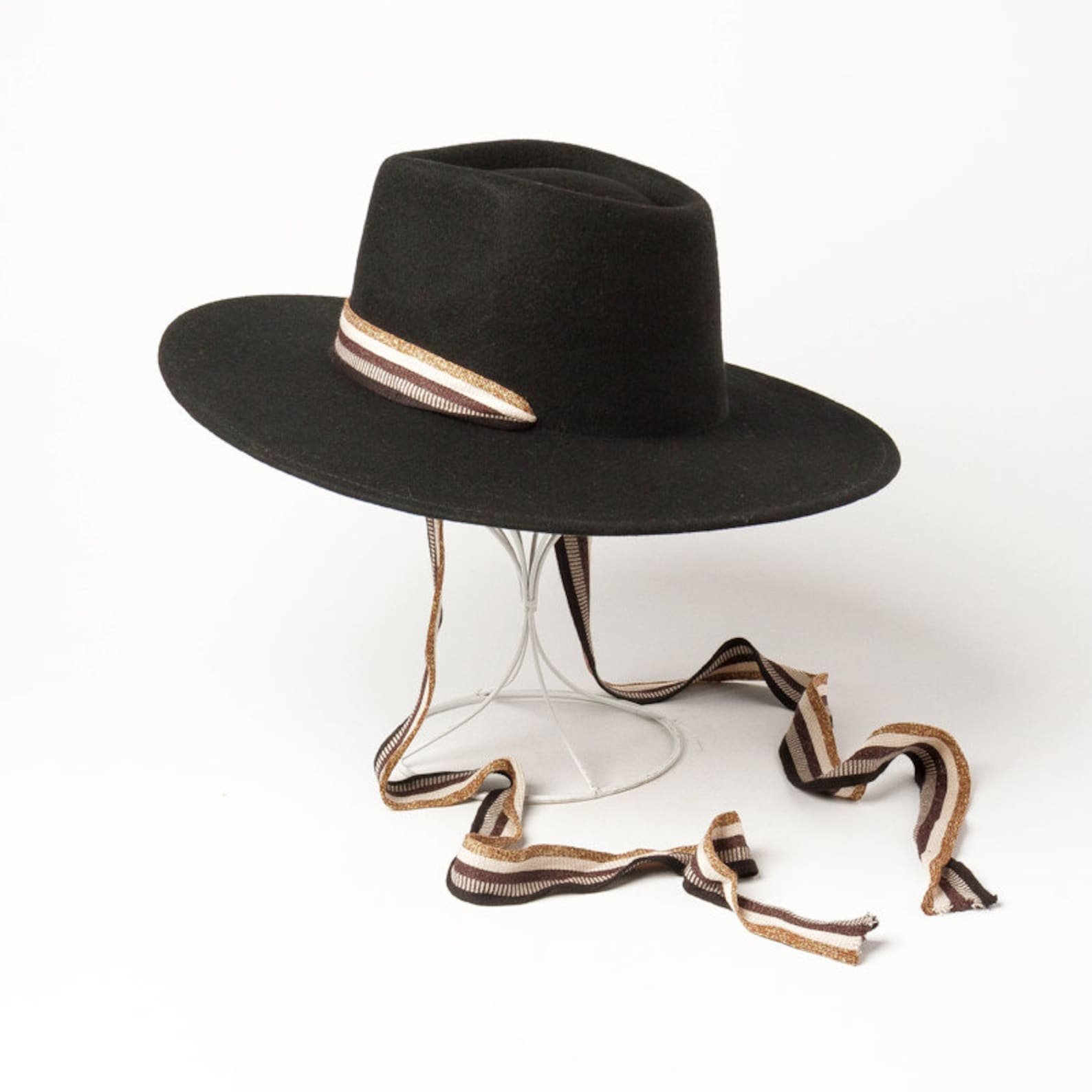 Large Brim Woollen Jazz Hat With Coloured Stripe Trim Band Etsy