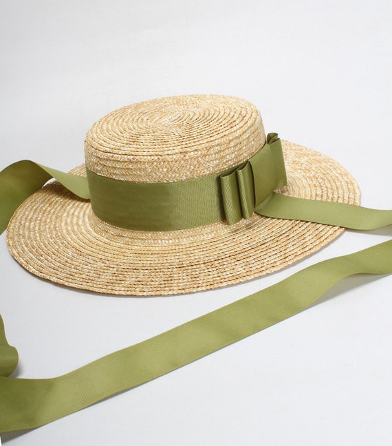 straw hat flat top European and American style green bow tie with sunshade hats