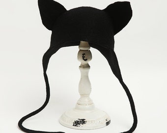 Chapeau d'oreille de chat noir en feutre humide fait main Chapeau chaud automne/hiver Chapeau de feutre fait main