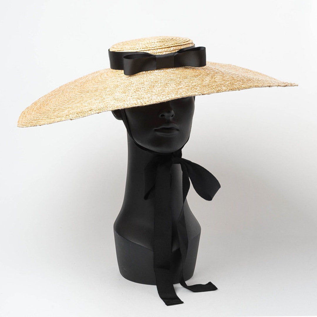 Vintage Wide Brim Hat Black & White Straw with Bows, 1960s, 14 inches, 21  inch head