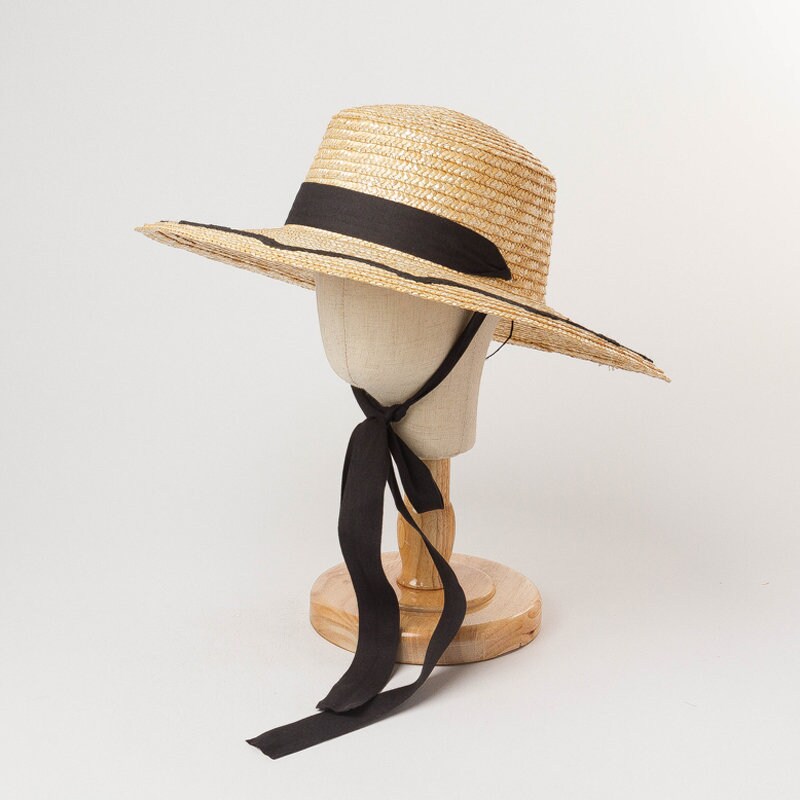 Children's flat straw straw hat with large brim sun block | Etsy