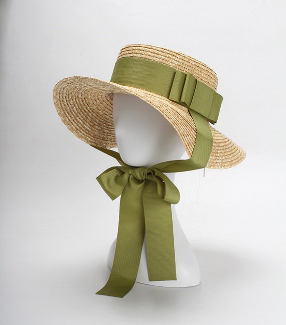 Straw Hat Flat Top European and American Style Green Bow Tie With Sunshade  Hats 
