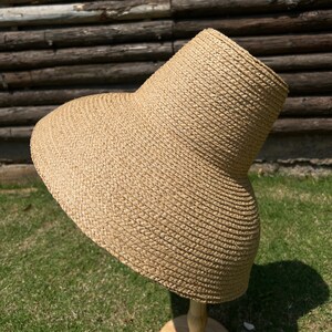 Puede incluir: Un sombrero de paja de ala ancha con textura tejida. El sombrero es de color marr&oacute;n claro y tiene una corona ligeramente redondeada.