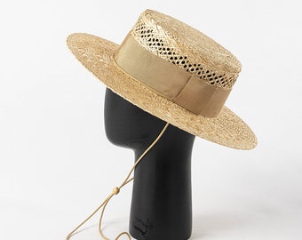 Hand woven hollow wide webbing rope sisal flat top straw hat outdoor shopping sunscreen hat